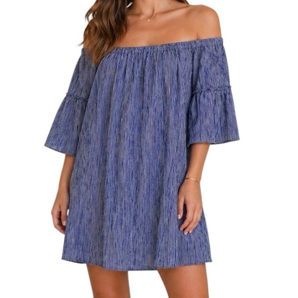 Madewell Off Shoulder Blue Dress Textured Boho Mini Size 6 Flowy Cotton